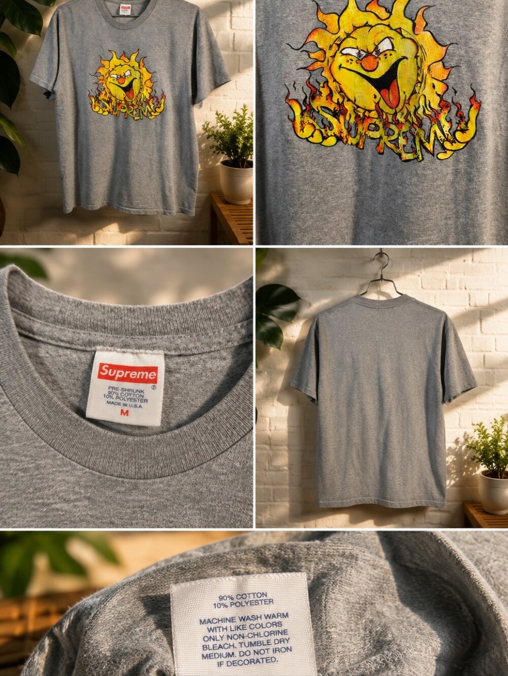 Supreme Heather Grey Sun Flame Graphic Tee - Yellow & Orange Print
